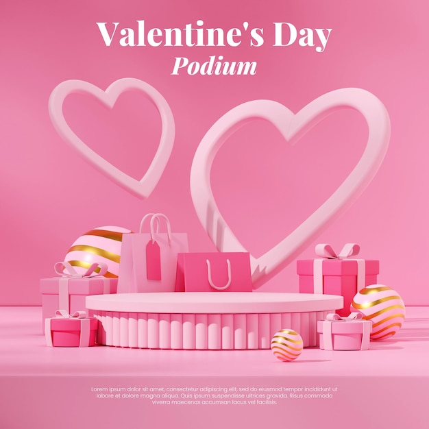 scene template cylinder podium in square pink color heart shape and gift box 3d render image