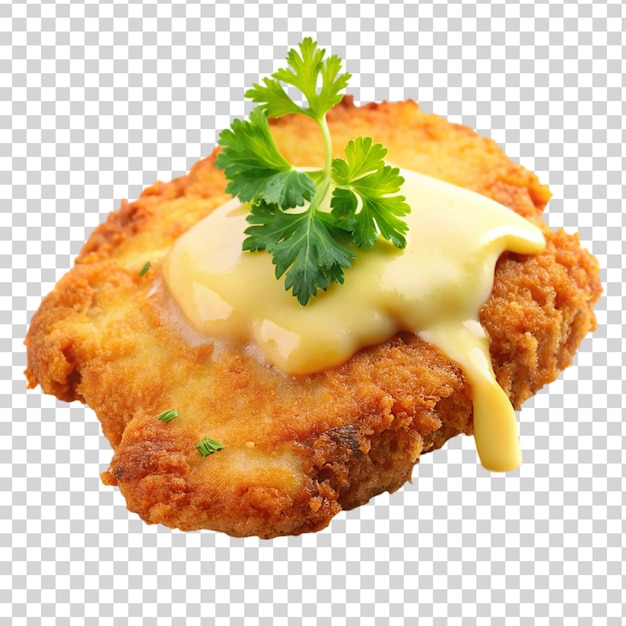 PSD schnitzel with melting cheese isolated on transparent background