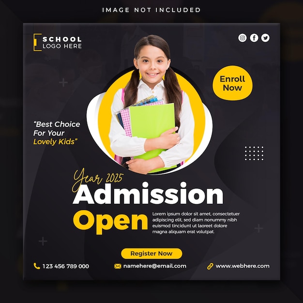 School admission education social media post web banner or instagram square flyer template