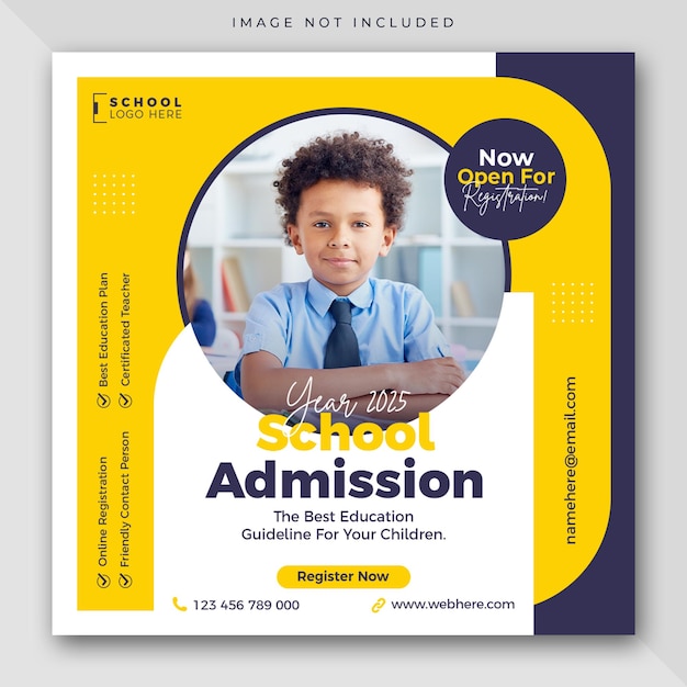 School admission education social media post web banner or instagram square flyer template