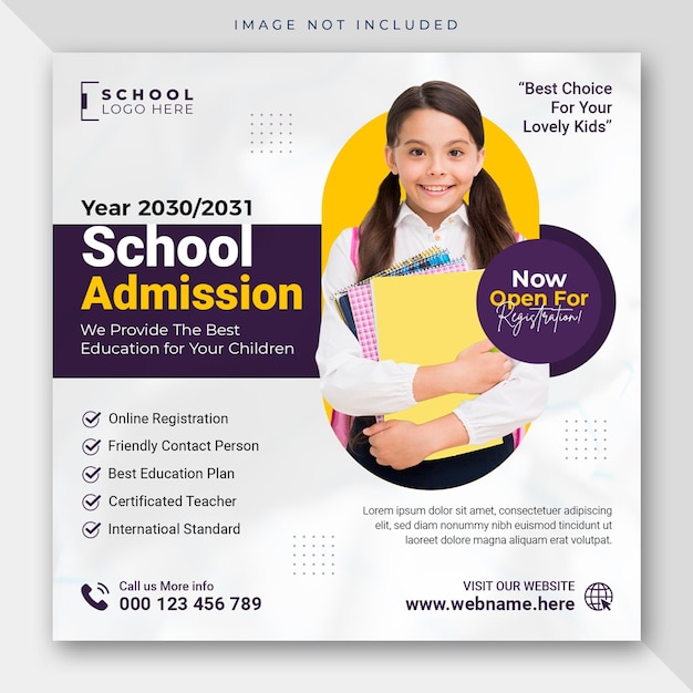 School admission education social media post web banner or instagram square flyer template