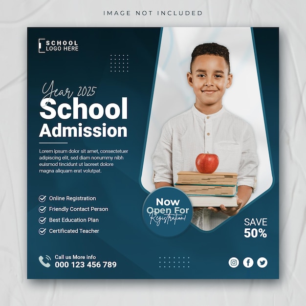 School admission education social media post web banner or square flyer template