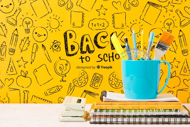 School arrangement with pencils in a mug