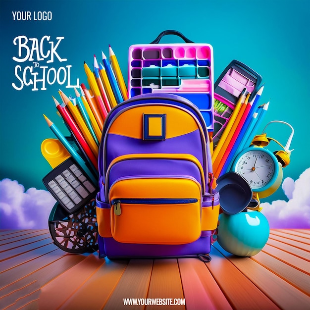 School backpack over a black school board background with chalk doodles social media post template