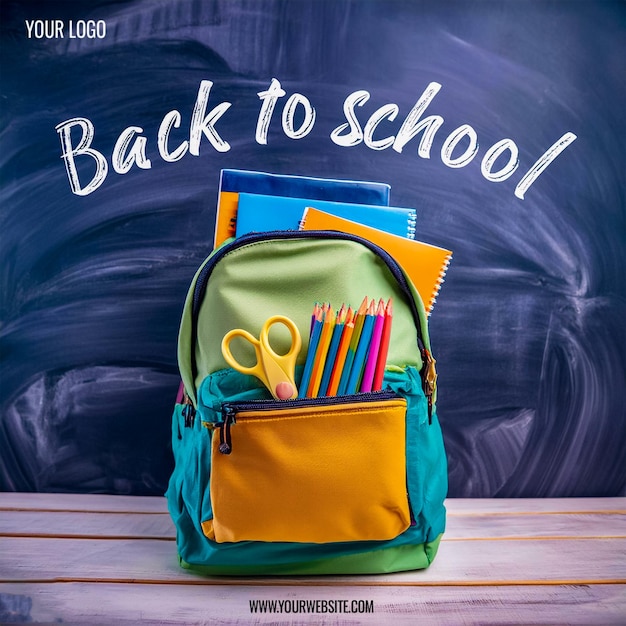 School backpack over a black school board background with chalk doodles social media post template