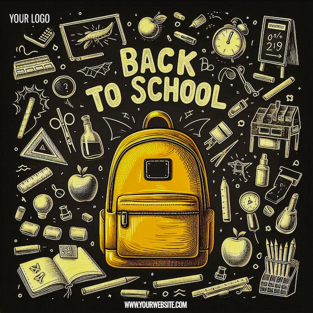 School backpack over a black school board background with chalk doodles social media post template