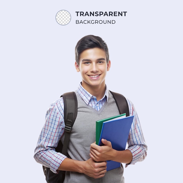 A school boy holding books isolated on transparent background