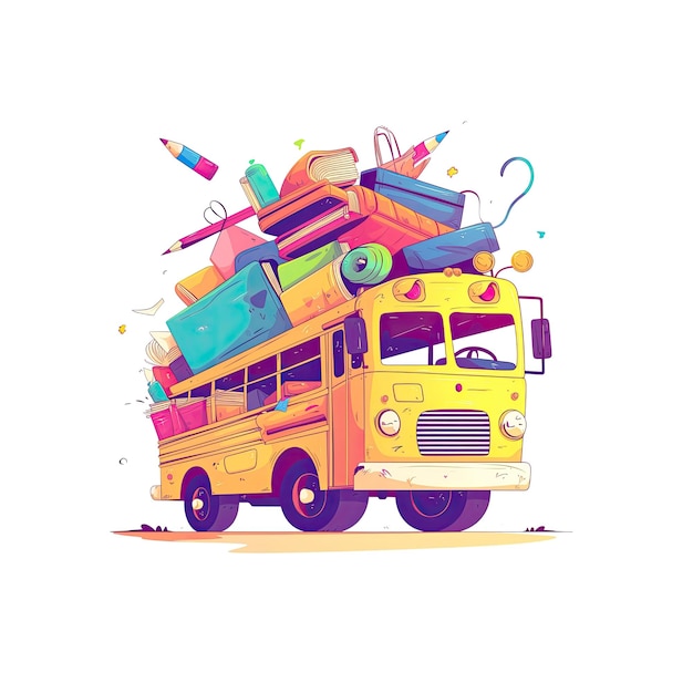 PSD school bus packed with colorful school cartoon illustration