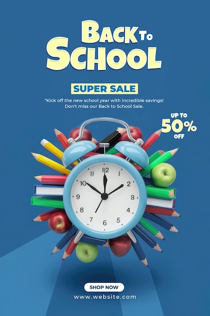 PSD a school school clock is on a blue background with a school school sale sign