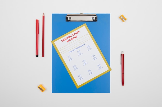 School supplies arrangement mockup top view