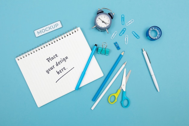 School supplies composition mockup top view