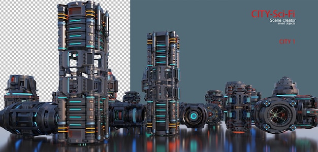 PSD a sci-fi city with many different forms of buildings.