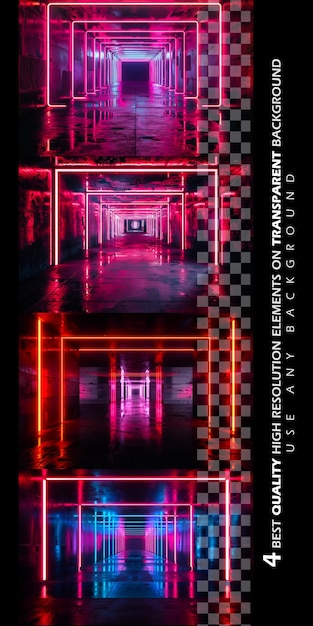 PSD sci fi neon lamps in a dark tunnel with reflections on transparent background