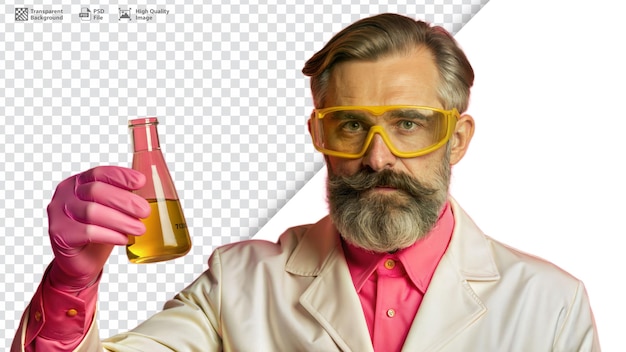 PSD scientist holding flask with yellow liquid wearing lab coat