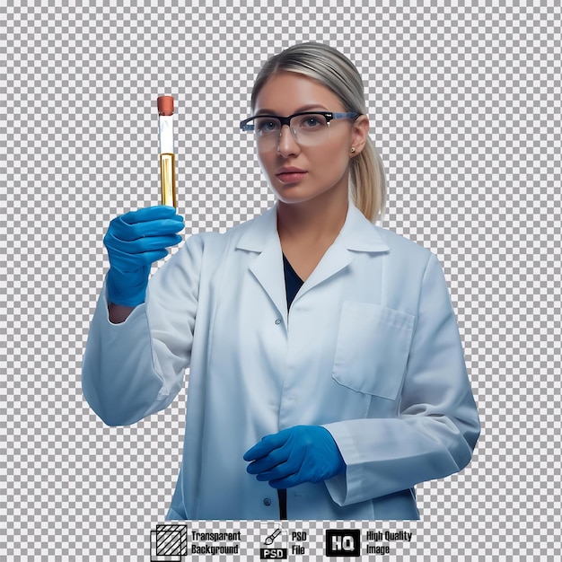 PSD scientist in a lab coat holding a test tube standing and facing forward