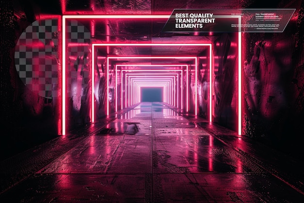 PSD scifi neon lamps in a dark tunnel with reflections on transparent background