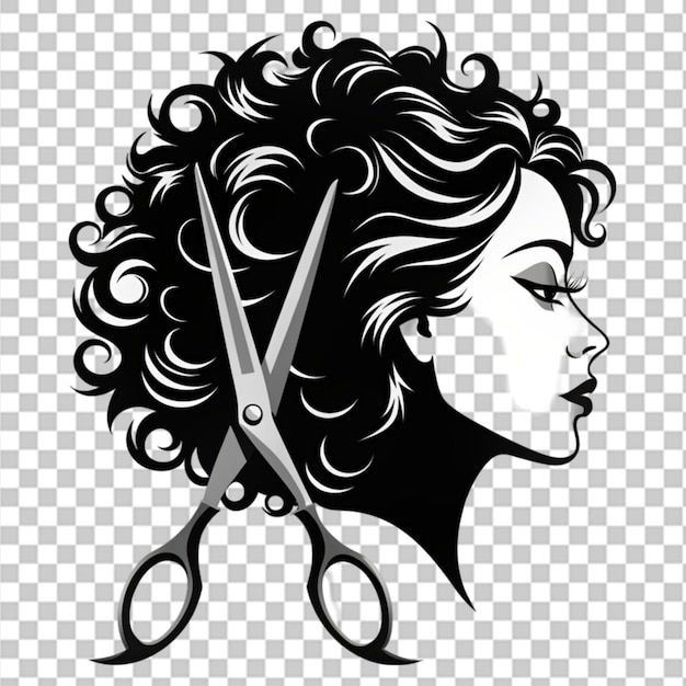 PSD scissors and woman face silhouette with curls on transparent background