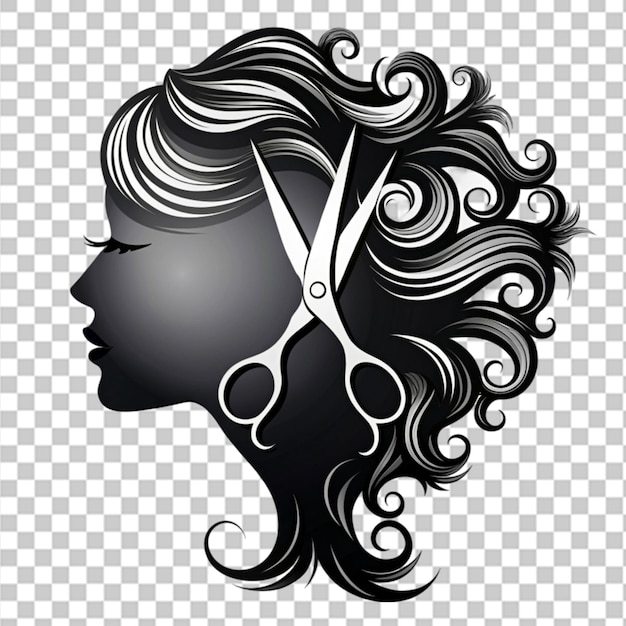 PSD scissors and woman face silhouette with curls on transparent background