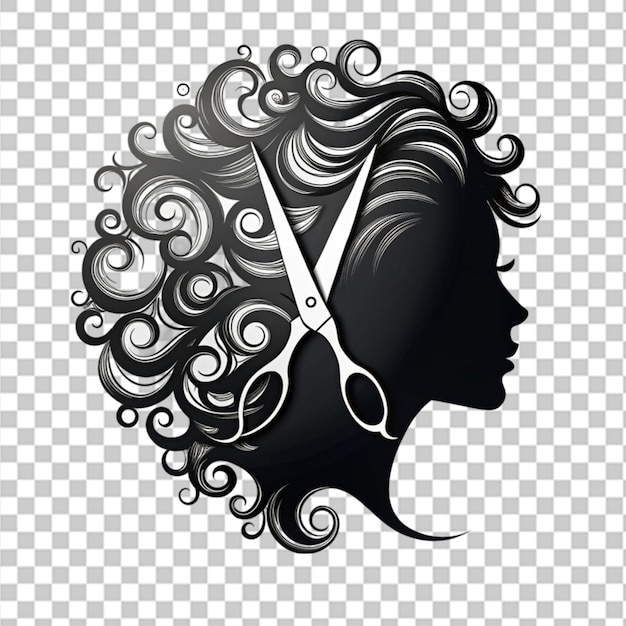 PSD scissors and woman face silhouette with curls on transparent background