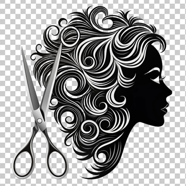 PSD scissors and woman face silhouette with curls on transparent background