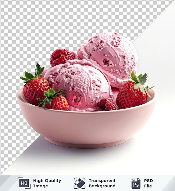 Scoop of strawberry ice cream with berries leaf bowl and shadow on transparent background