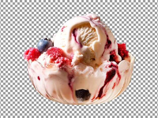 Scoop of vanilla ice cream with raspberries and blueberries on transparent background