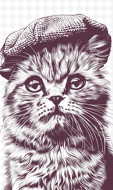 Scottish Fold Cat Wearing a Beret With a Playful Expression Animals Sketch Art Vector Collections