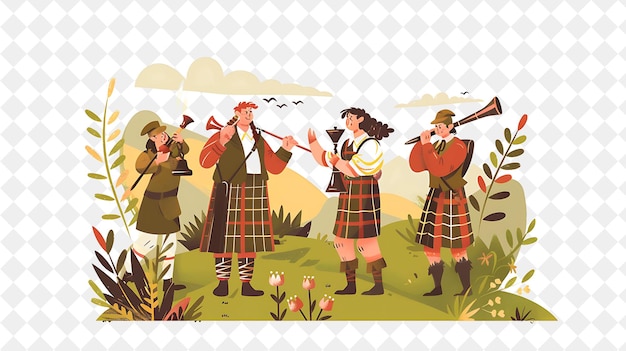 PSD scottish highlands with characters having a ceilidh dance de people life style flat illustration