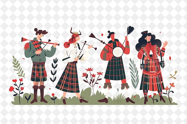 PSD scottish highlands with characters having a ceilidh dance de people life style flat illustration