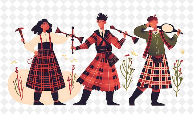 PSD scottish highlands with characters having a ceilidh dance de people life style flat illustration