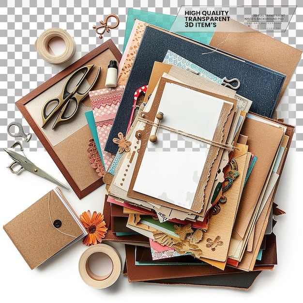 PSD scrapbooking supplies items used for creating scrapbooks on transparent background