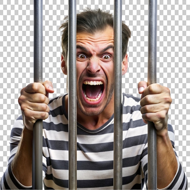 PSD a screaming prisoner holding prisonbars realism on transparent background