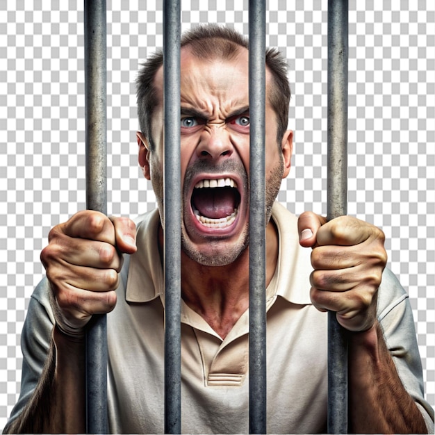 PSD a screaming prisoner holding prisonbars realism on transparent background