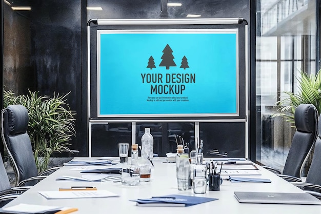 PSD screen mockup in modern meeting room for design review