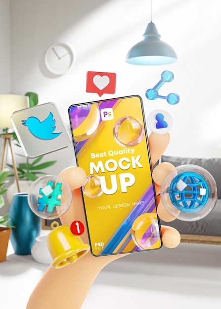 Screen Mockup Template Cute Hand Holding Smart Phone Twitter Icons in Living Room Future Modern Life Concept 3D Render