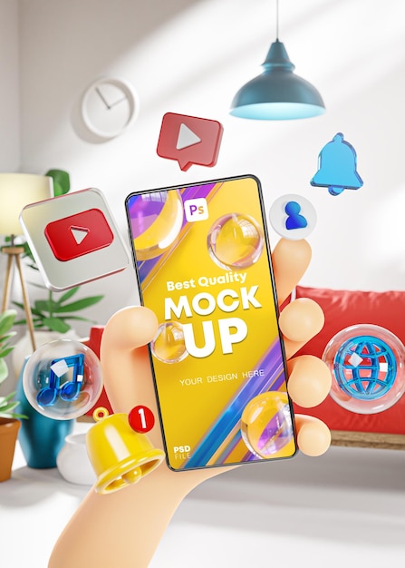 Screen Mockup Template Cute Hand Holding Smart Phone Youtube Icons in Living Room Future Modern Life Concept 3D Render