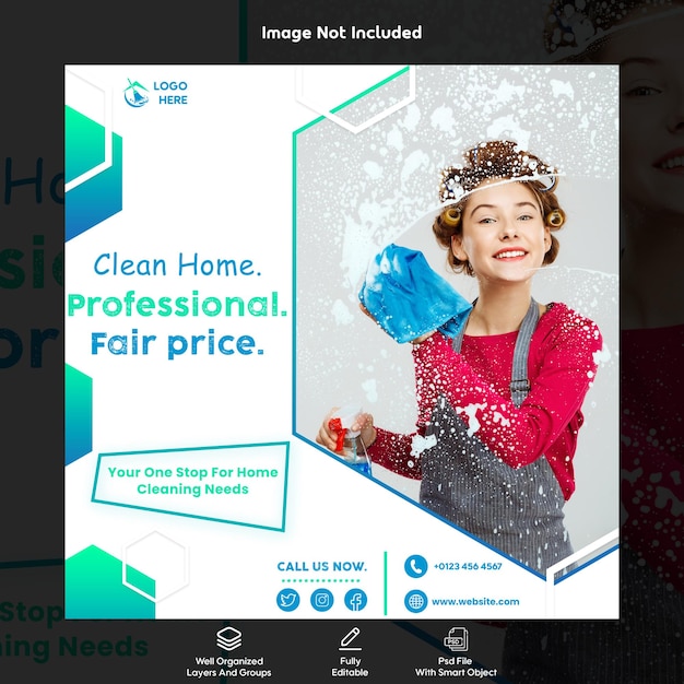 PSD a screen showing a woman holding a blue brush and the words clean home