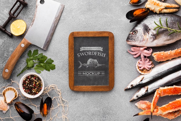 Sea food assortment with blackboard mock-up