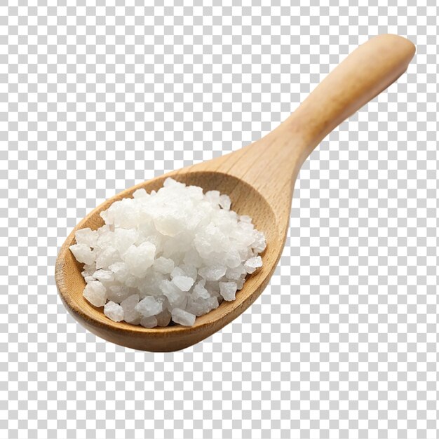 Sea salt in a wooden spoon Isolated on a transparent background