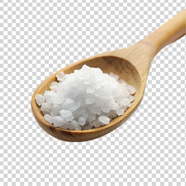 Sea salt in a wooden spoon Isolated on a transparent background