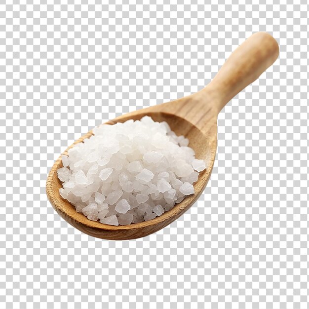 Sea salt in a wooden spoon Isolated on a transparent background