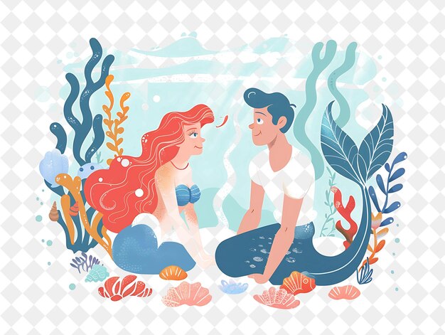 PSD under the sea with ariel and prince eric having a mermaid th people life style flat illustration