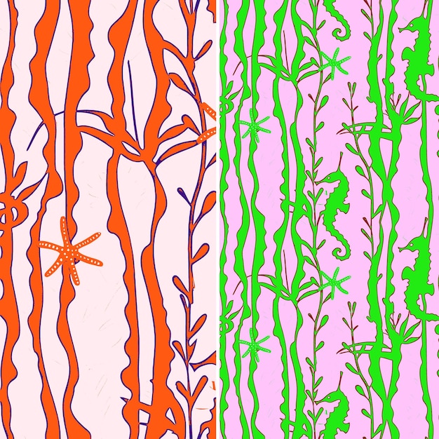 PSD seagrass meadow patterns with seahorse seagrass and starfish png traditional abstract designs