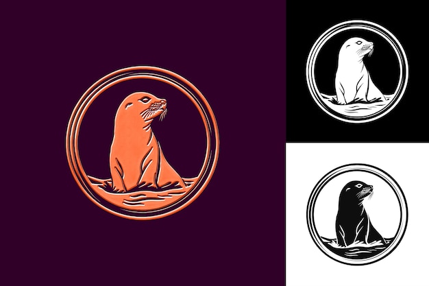 PSD seal icon watery emblem with coastal border gentle seal with illustration animal vector art design