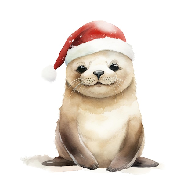 Seal Wearing Santa Hat For Christmas Event Watercolor Style AI Generated