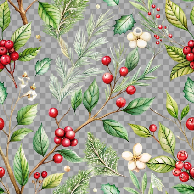 PSD seamless christmas botanical pattern with berries and leaves