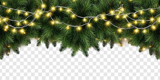 Seamless Decorative Christmas Border with Coniferous Branches and Christmas Light Garlands on a Transparent Background