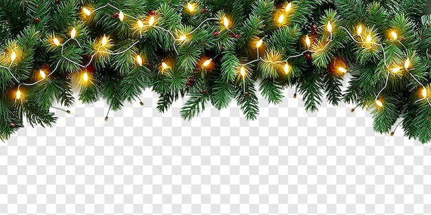 PSD seamless decorative christmas border with coniferous branches and christmas light garlands on a transparent background