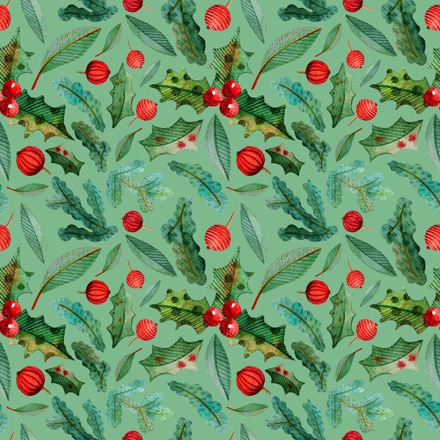 PSD seamless pattern christmas new year fir holly red berries wrapping packaging paper on turquoise