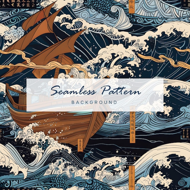 seamless pattern of japanese traditional drawing of wooden boat navigating through tumultuous seas